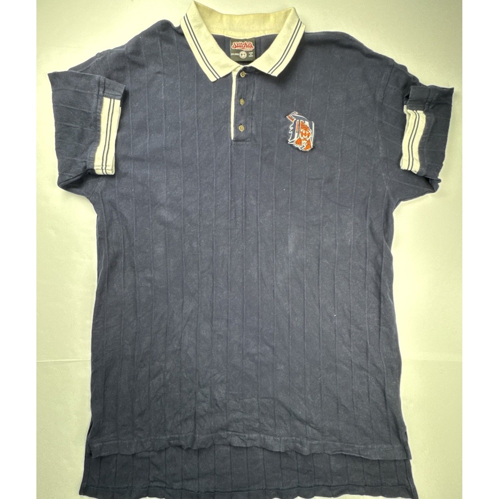 Stitches Detroit Tigers Polo Shirt Ribbed Embroidered Logo 2XL Navy Blue Cream